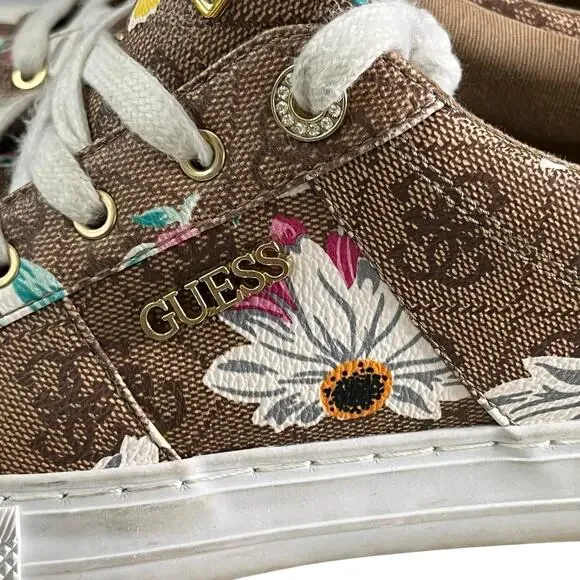 Guess Loven Sneakers Women's Size 9.5 M Casual Lace-up Logo Brown Pink Floral - Picture 9 of 15